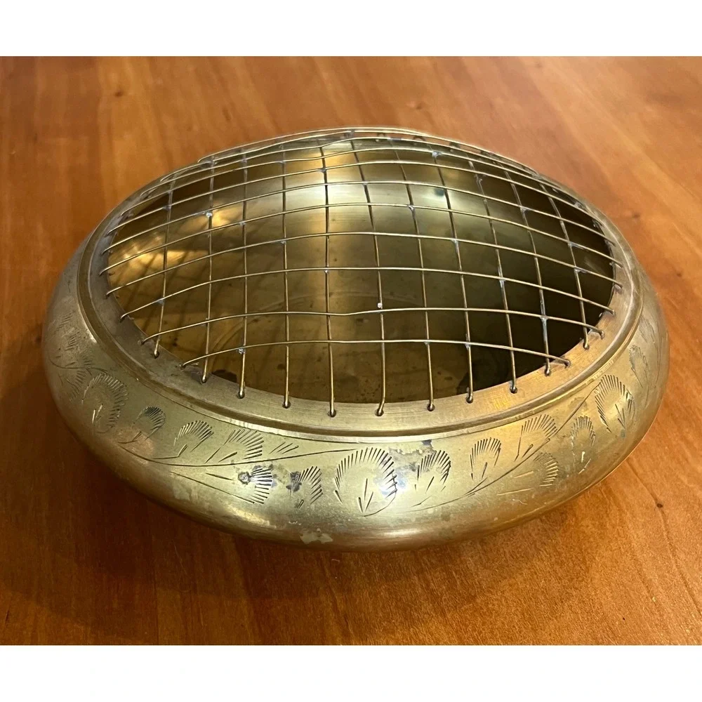 Vintage Etched Brass Flower Frog Bowl India Floral Engraved Gold Round Vase